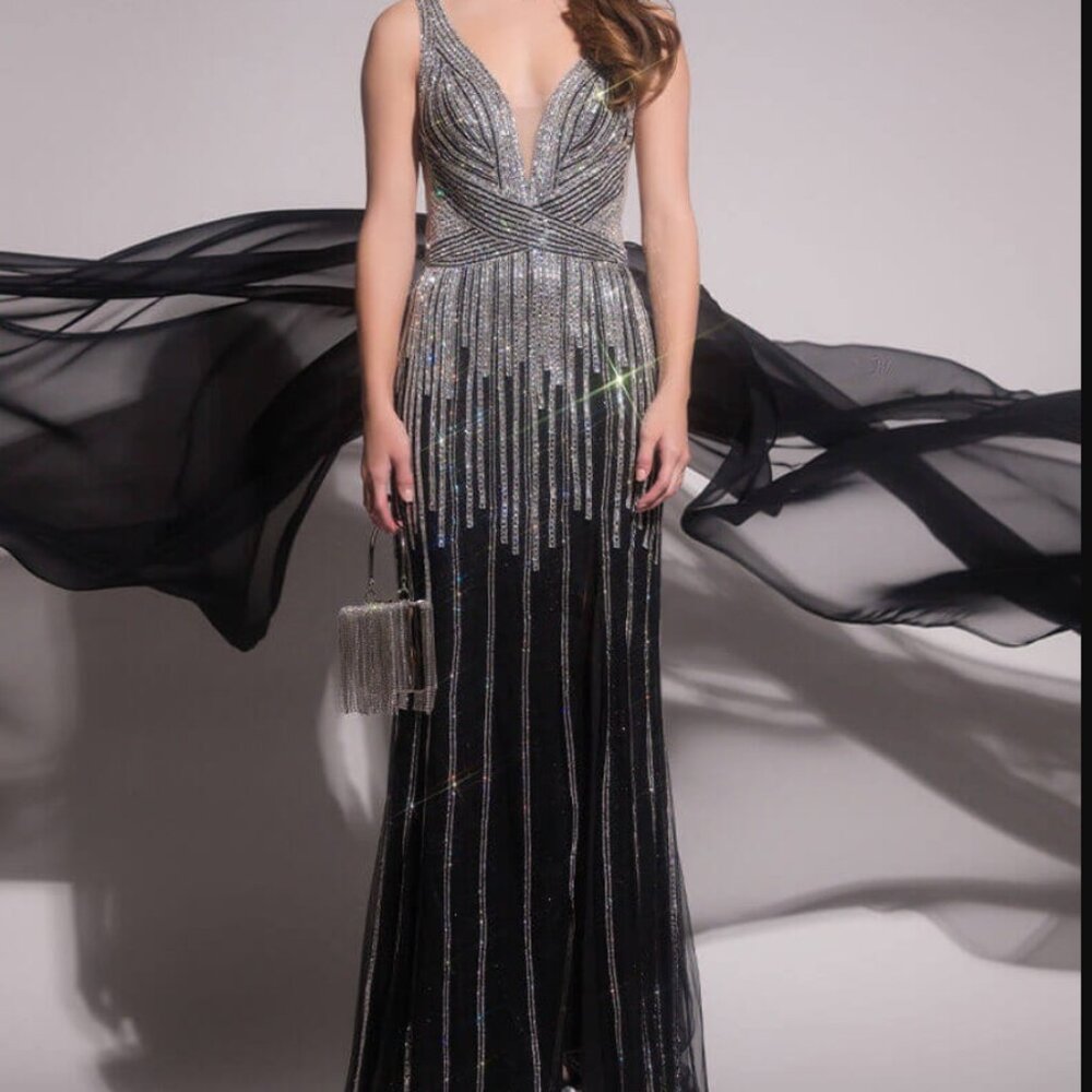 AKIRA Black and Silver Beaded Prom Gown